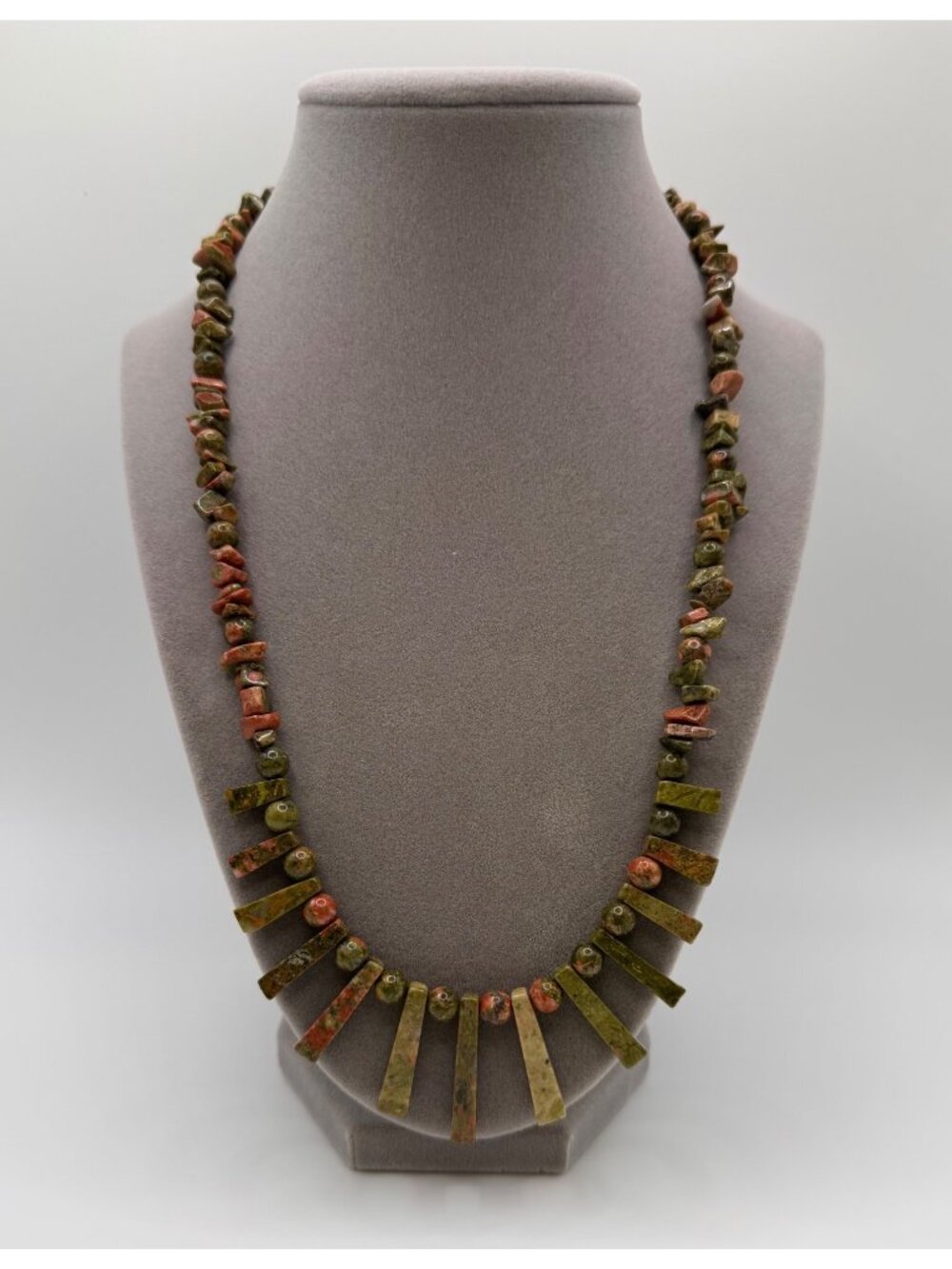 Unakite Gemstone Bib Necklace Chip Bead Dangle Statement Collar Boho 21”